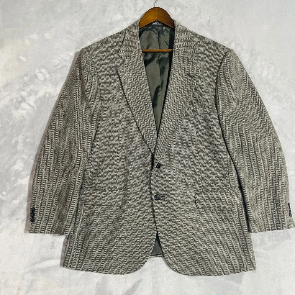 Towncraft Blazer Mens 44R Grey Herringbone Tweed Wool Two Button Sport Coat